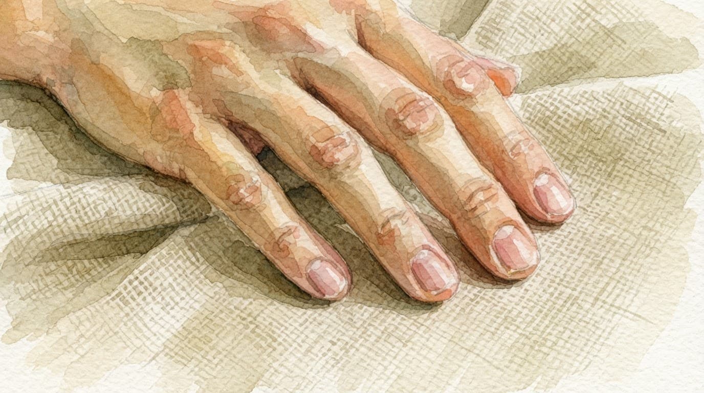 Eine entspannte Hand ruht auf hellem Leinen in sanften Aquarellfarben.