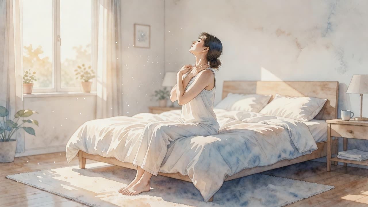 Eine Person fuehrt in einem sonnendurchfluteten Schlafzimmer sanfte Dehnuebungen fuer den Nacken aus. Die Aquarelloptik zeigt weiche Pinselstriche und vermittelt eine ruhige, entspannte Atmosphaere fuer einen bewussten Start in den Tag.