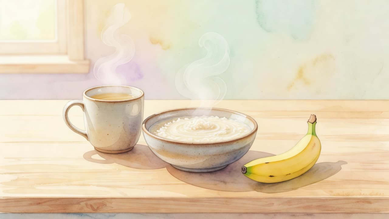 Eine Tasse Tee, Reisbrei und eine Banane auf einer Küchentheke im sanften Morgenlicht.