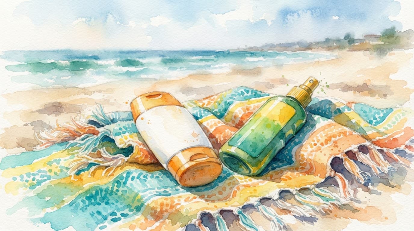 Sonnenlotion und Insektenspray liegen auf einem Strandtuch.