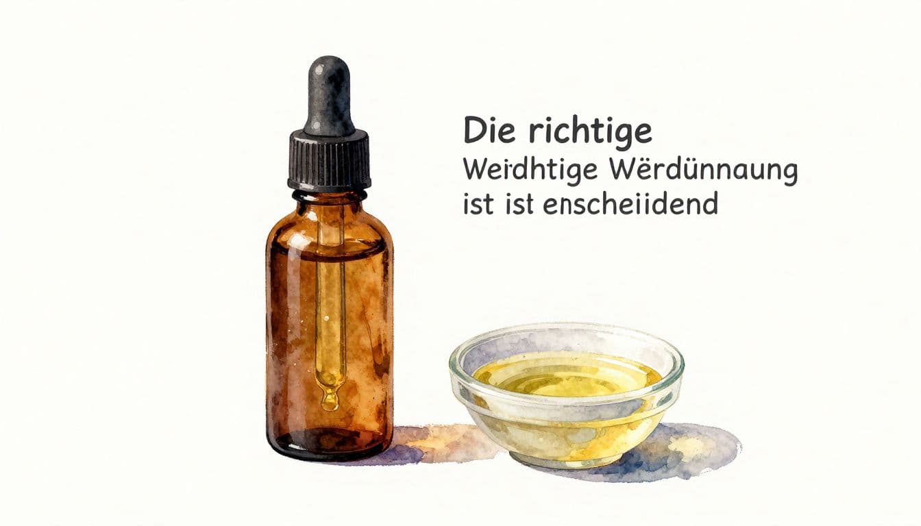 Ein bernsteinfarbenes Glasfläschchen mit Tropfpipette steht direkt neben einer kleinen Schale voller Trägeröl. Das Aquarellbild zeigt weiche Farbverläufe und erkennbare Pinselstriche auf einem hellen, sauberen Hintergrund für eine klare Darstellung.