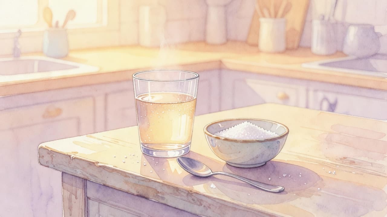 Ein Glas warmes Wasser, eine Schale Salz und ein Löffel auf einer gemütlichen Küchenzeile im Aquarellstil.