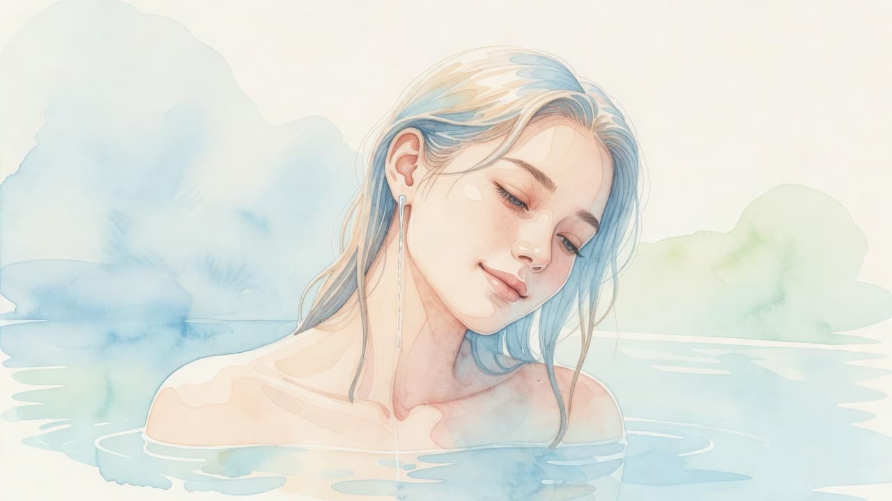 Ein Aquarellbild zeigt eine Person, die den Kopf zur Seite neigt, um das Wasser nach dem Schwimmen aus dem Gehörgang laufen zu lassen. Die sanfte Pinseltechnik erzeugt eine beruhigende, sommerliche Atmosphäre.