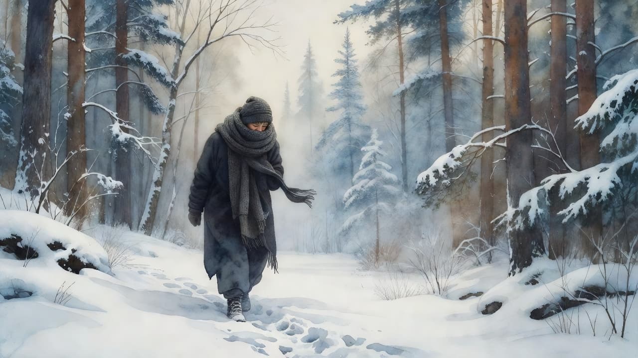 Eine Person mit warmem Schal geht vorsichtig durch einen tief verschneiten Wald.