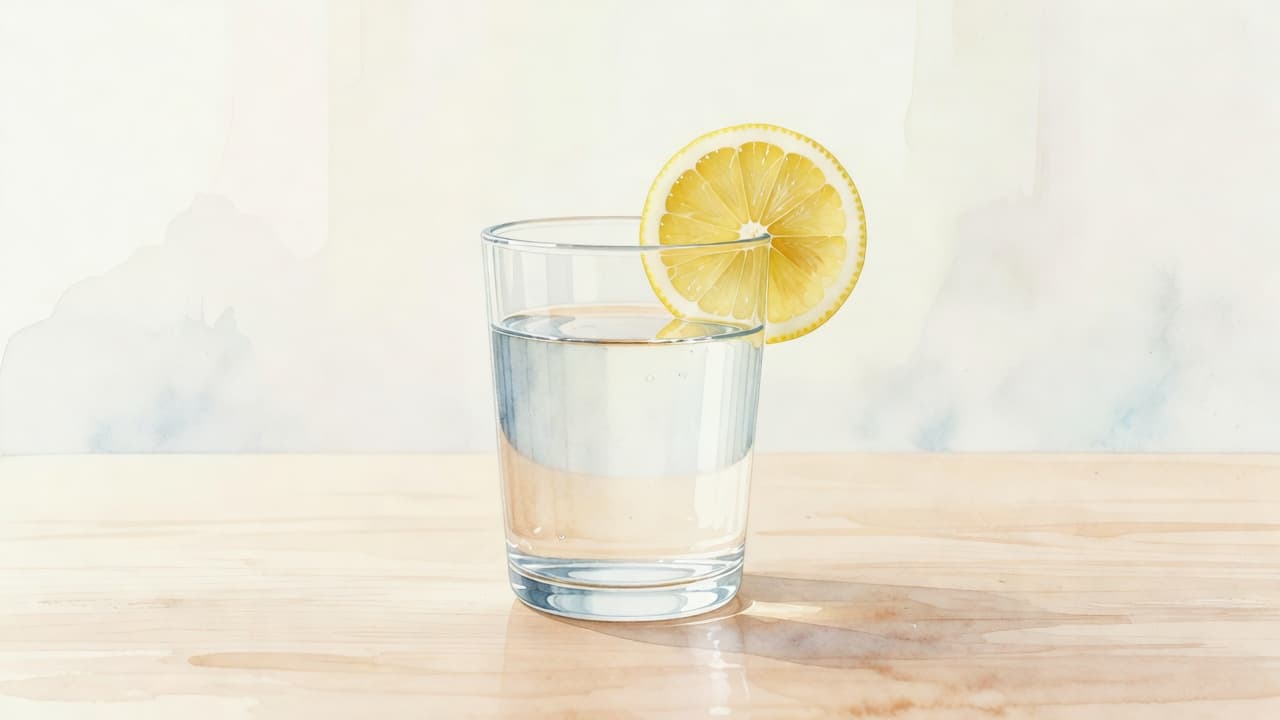 Ein transparentes Glas mit frischem Wasser und einer Zitronenscheibe steht zentral auf einer hellen Holzoberfläche. Der aquarellartige Stil betont die sanften Texturen und hellen Farben des Hintergrunds mit sichtbarem Pinselstrich.