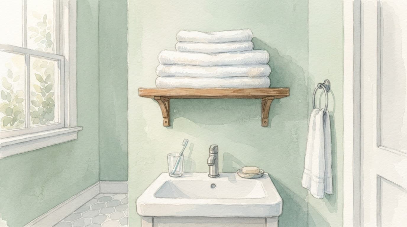 Frische Handtücher liegen auf einem Holzregal im hellen Badezimmer.