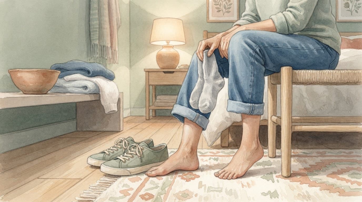Eine Person wählt Baumwollsocken und weite Schuhe neben einer Schlafzimmerbank.