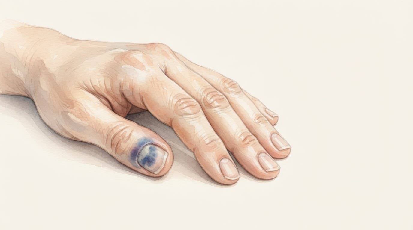 Eine entspannte Hand mit einem blauviolett verfärbten Fingernagel vor hellem Hintergrund.