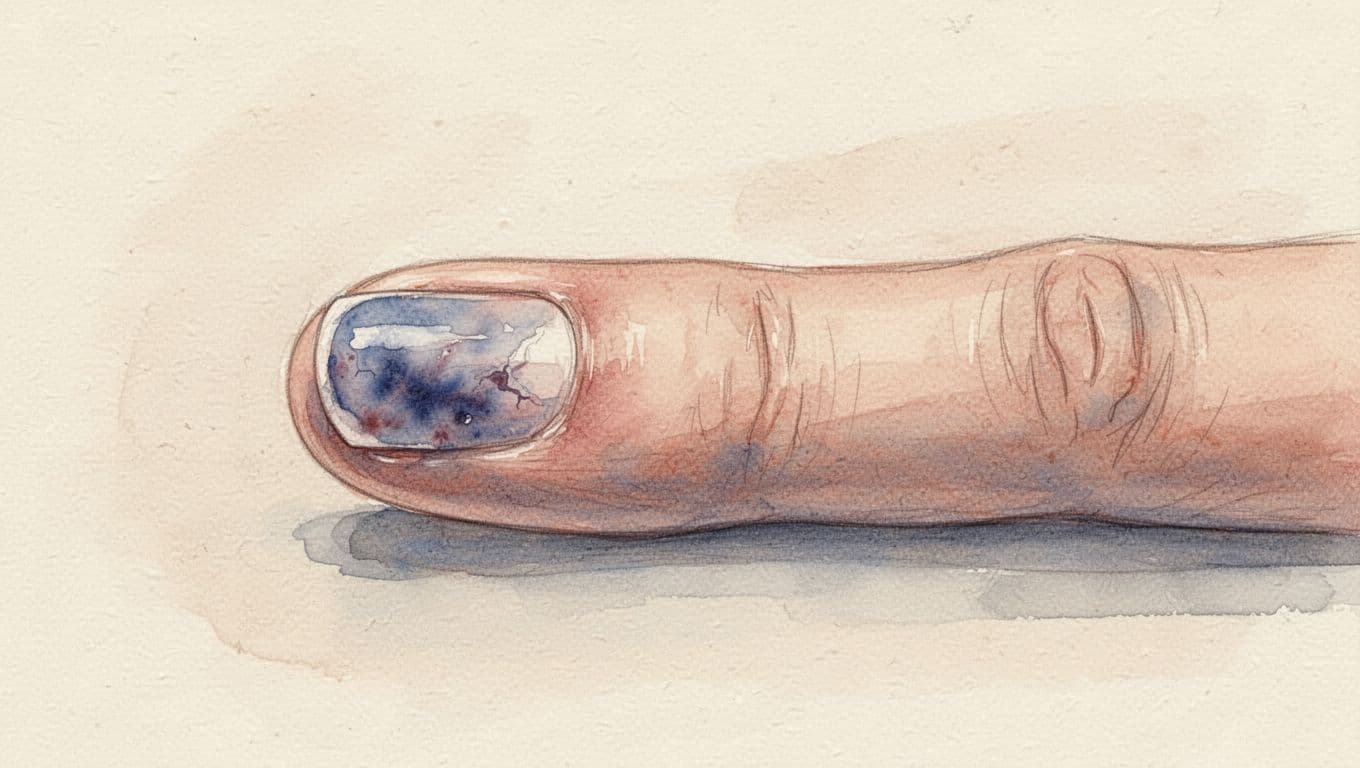 Ein Finger mit verfärbtem Nagel vor hellem Hintergrund.