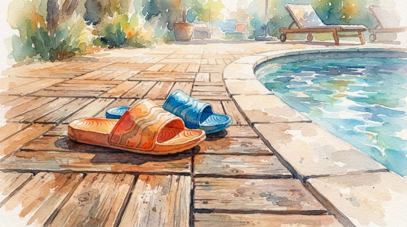 Zwei bunte Badeschuhe liegen auf Holzfliesen am Rand eines Schwimmbeckens.