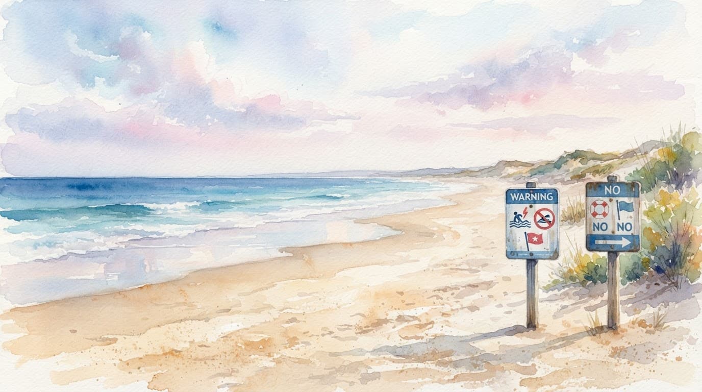 Ruhiger Sandstrand mit blauem Meereshorizont im sanften Morgenlicht.