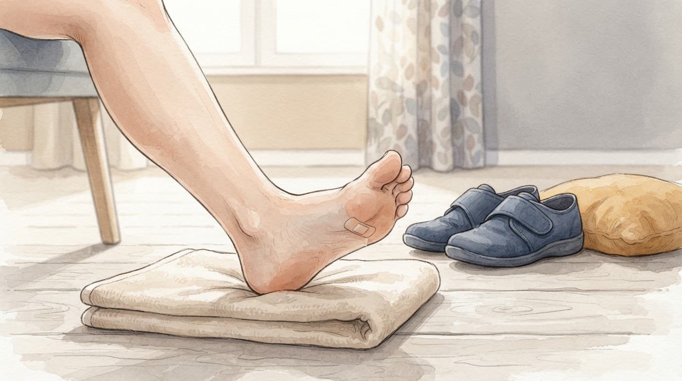 Ein Fuß ruht auf einem Handtuch, daneben liegen weite Schuhe und ein weiches Kissen.