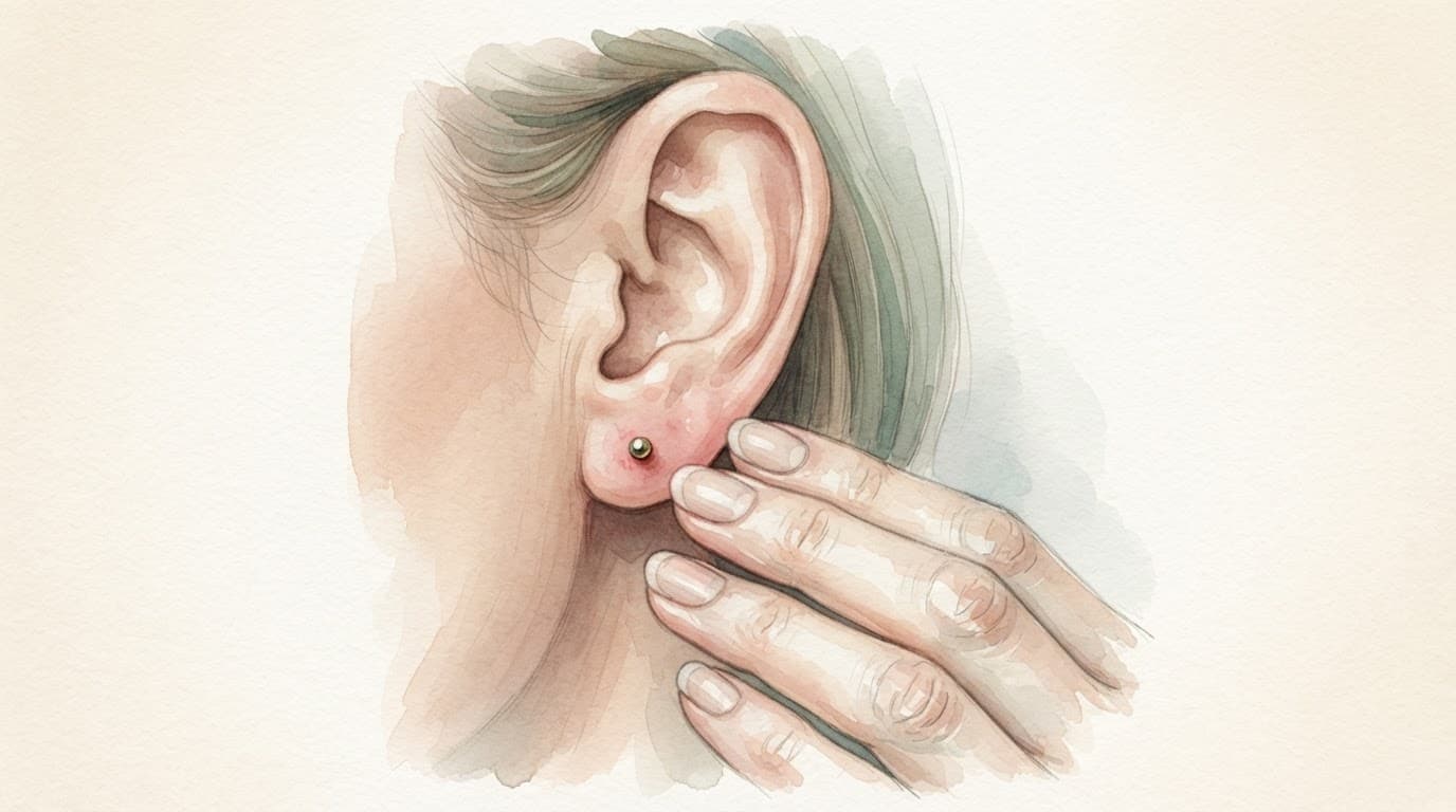 Nahaufnahme eines Ohrs mit Metallohrring und leichter Rötung; eine Hand bleibt daneben.