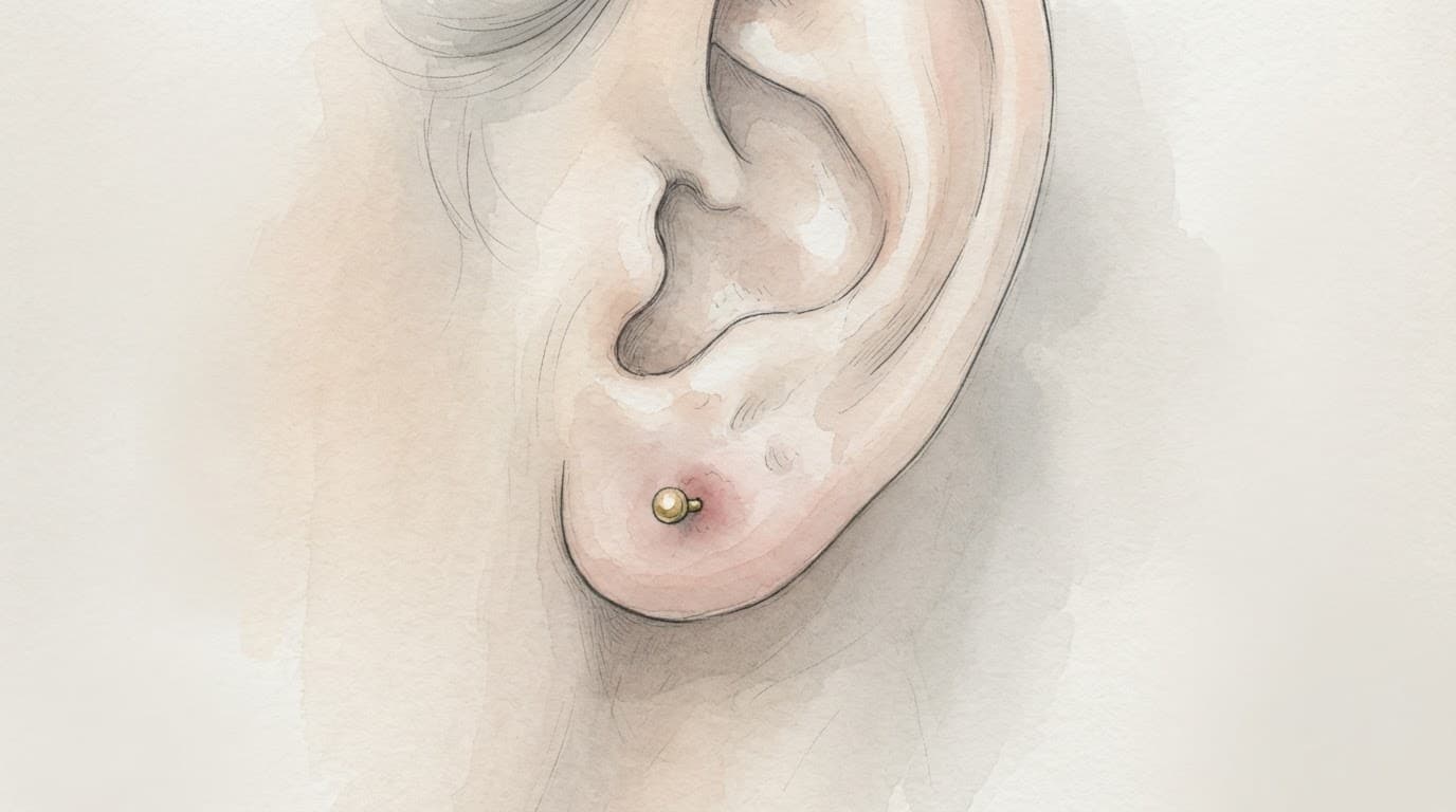 Ein Ohr mit kleinem Stecker und leichter Rötung am Ohrloch.