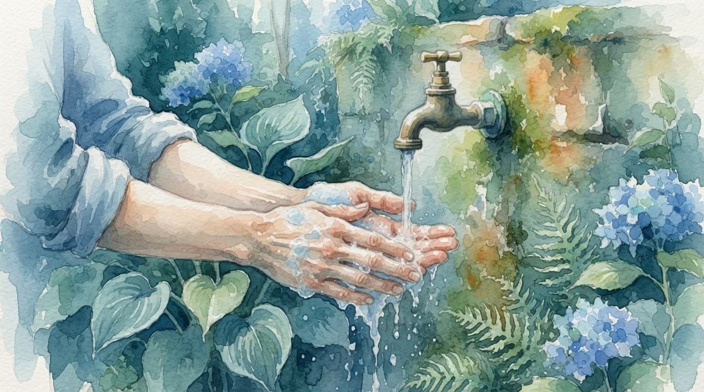 Eine Person wäscht ihre Hände mit Wasser und Seife unter einem Gartenzapf.