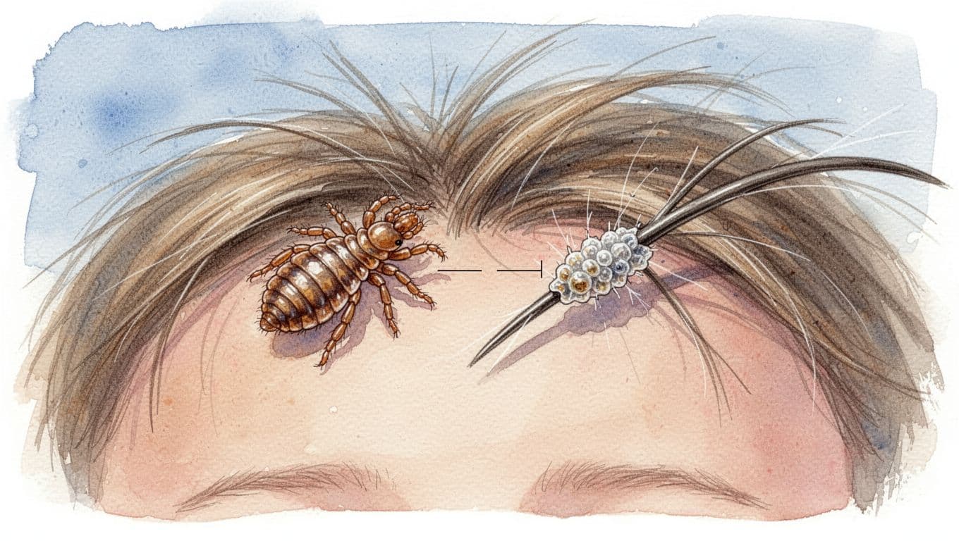 Medizinische Illustration einer Kopflaus und einer Nisse an kindlichen Haarsträhnen.