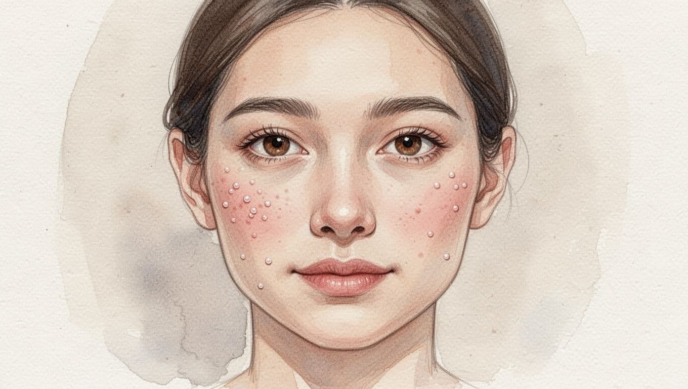 Frontale Illustration eines Gesichts mit kleinen weißen Milien an Wange und unterem Augenbereich.