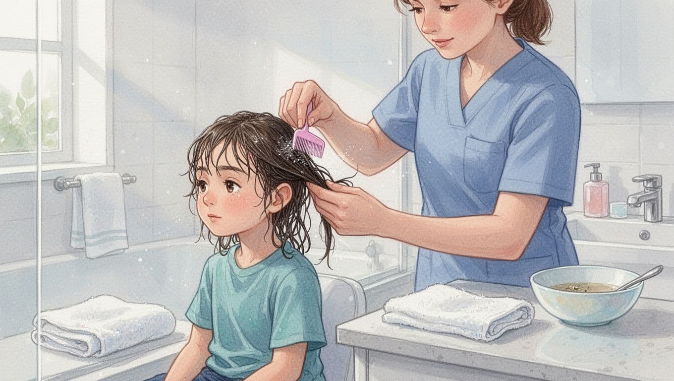 Ein Kind mit nassem Haar wird von einer erwachsenen Person mit einem Läusekamm gekämmt.