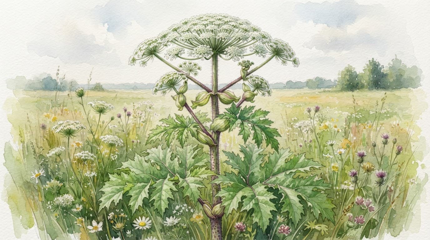 Hohe Pflanze mit weißen Blütendolden und großen grünen Blättern auf einer Wiese.