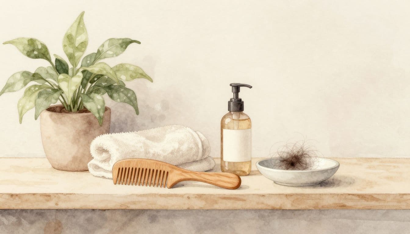 Holzkamm, Handtuch, Shampooflasche und lose Haare stehen auf einer Keramikschale neben einer Zimmerpflanze.