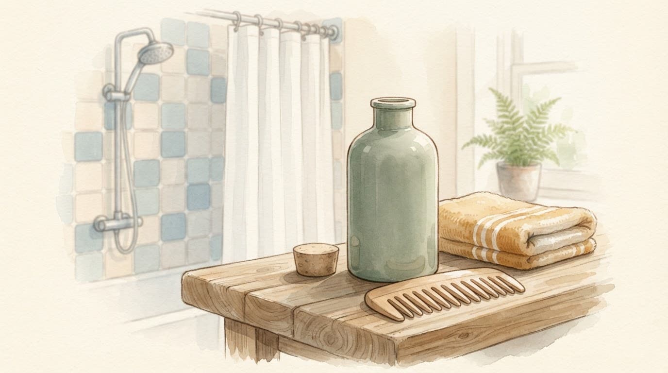 Eine Shampooflasche, ein Kamm und ein Handtuch stehen auf einem schlichten Badregal.