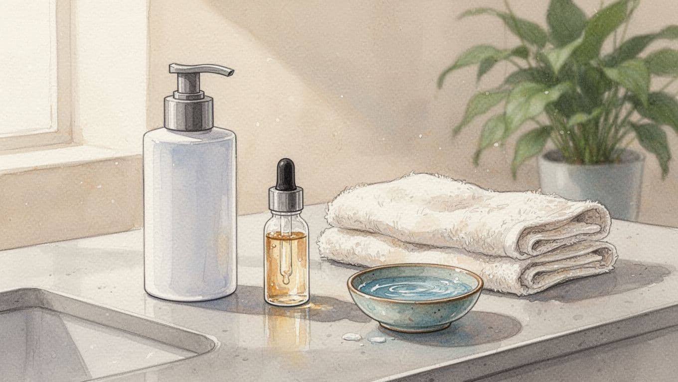 Eine Flasche, ein Tropfer, ein Handtuch und eine Wasserschale stehen auf einer hellen Badablage.