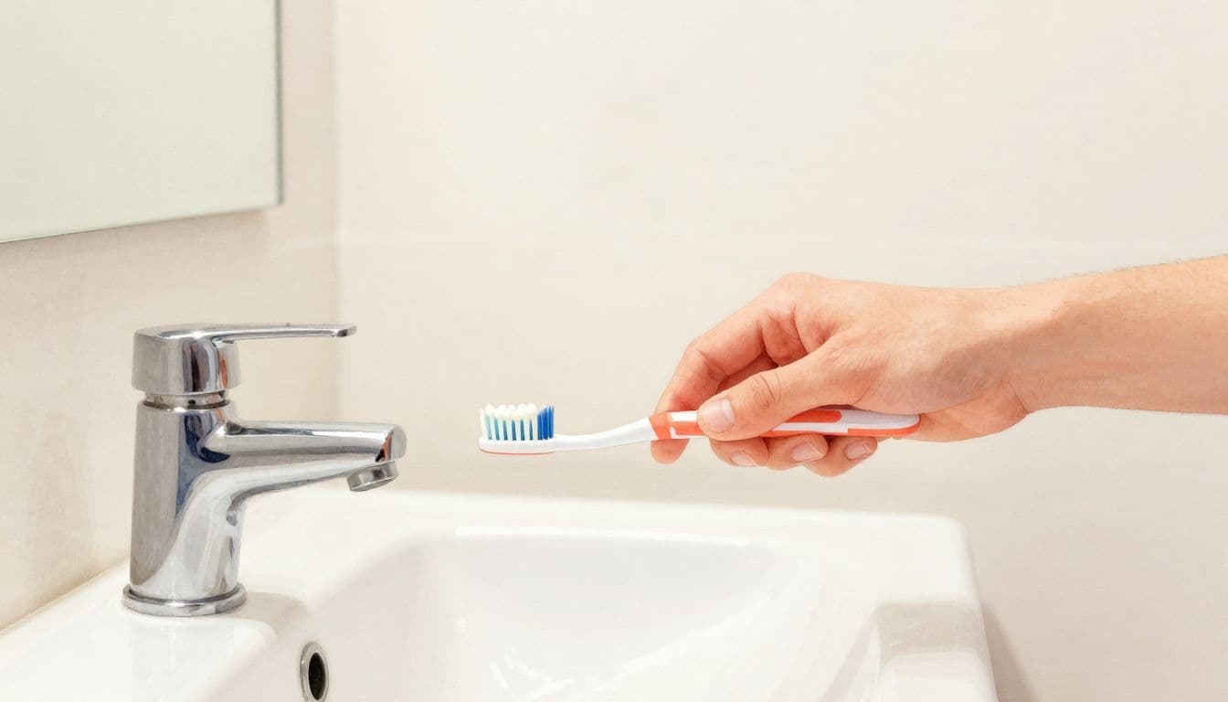 Eine Person putzt sanft die Zähne am Waschbecken vor einem Badezimmerspiegel.