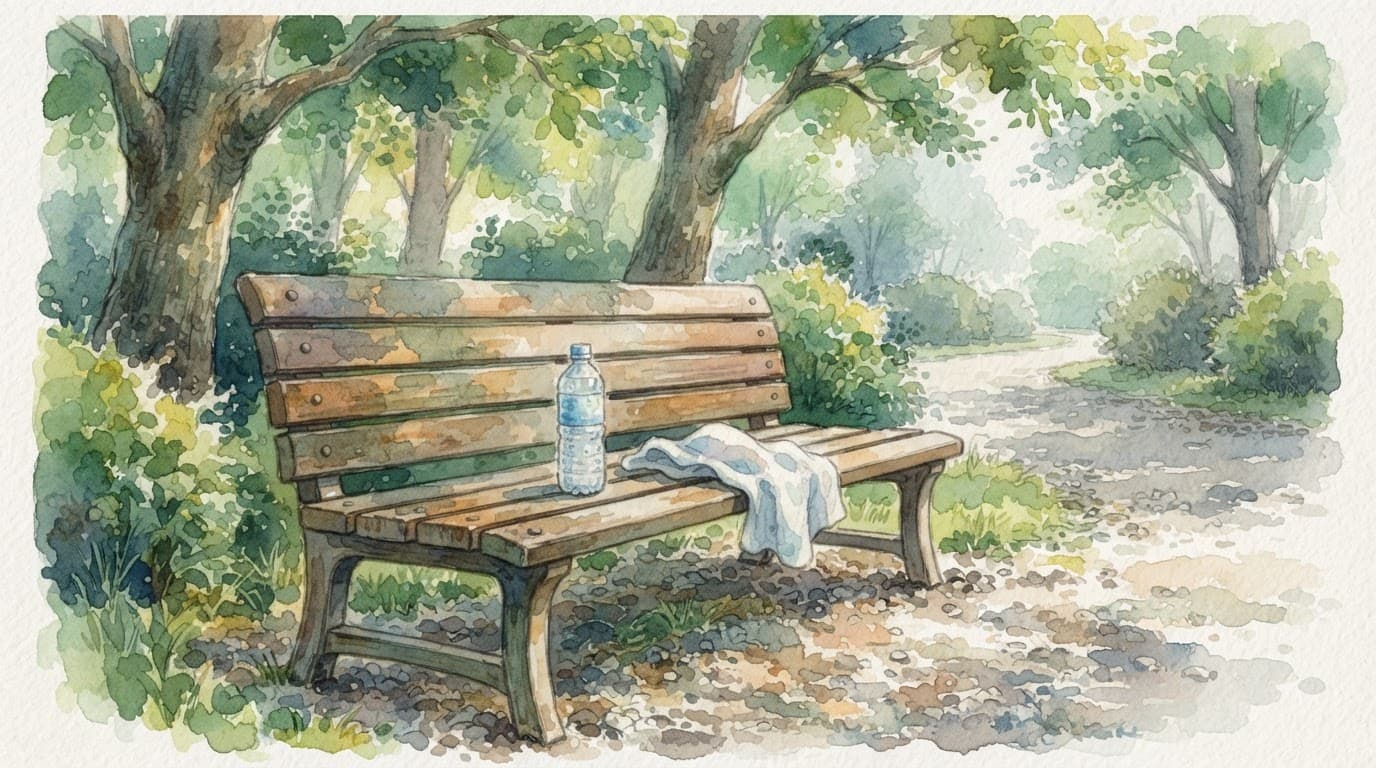 Schattige Parkbank mit Wasserflasche und feuchtem Tuch.