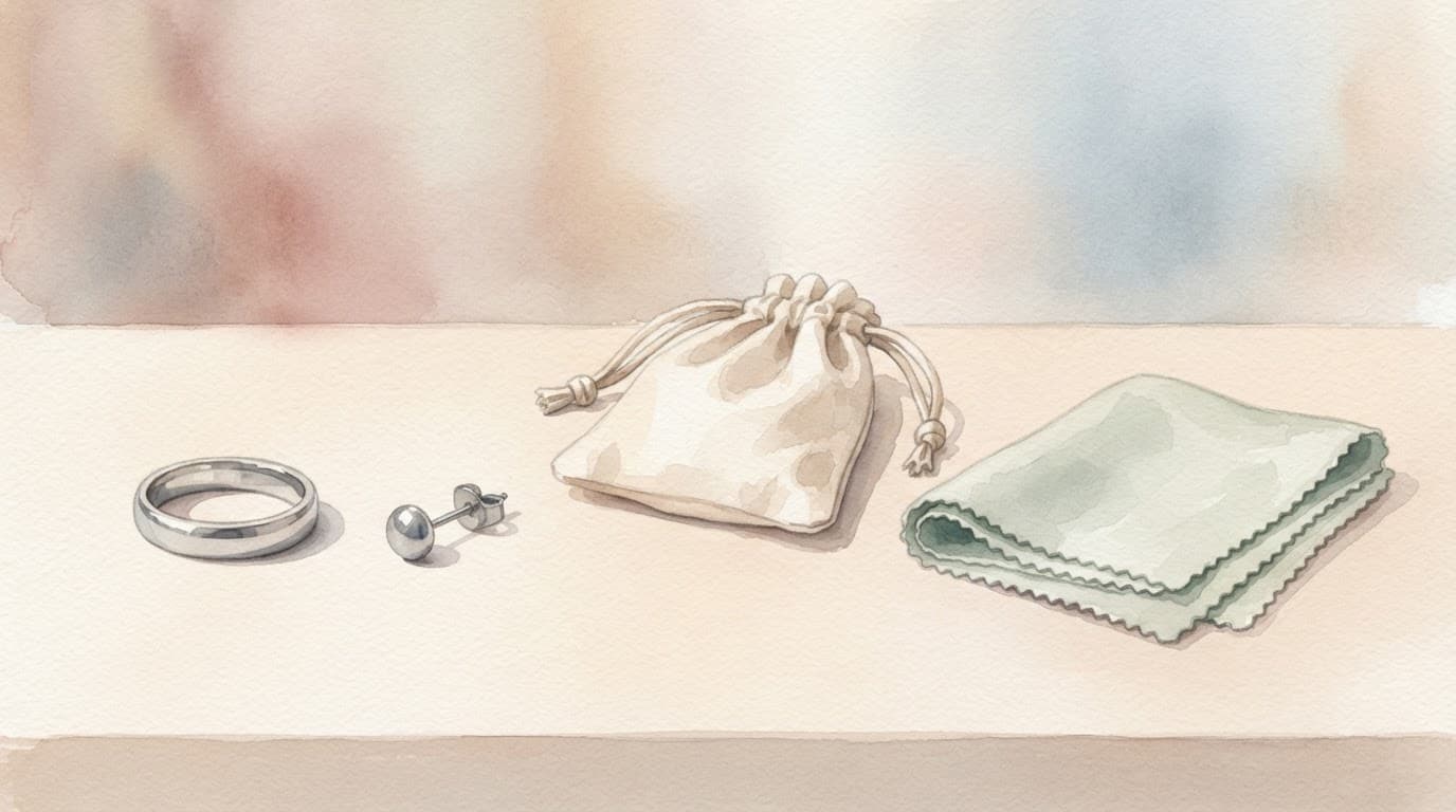 Edelstahlring, Titanstecker, Baumwollbeutel und Mikrofasertuch liegen getrennt auf einem hellen Tisch.