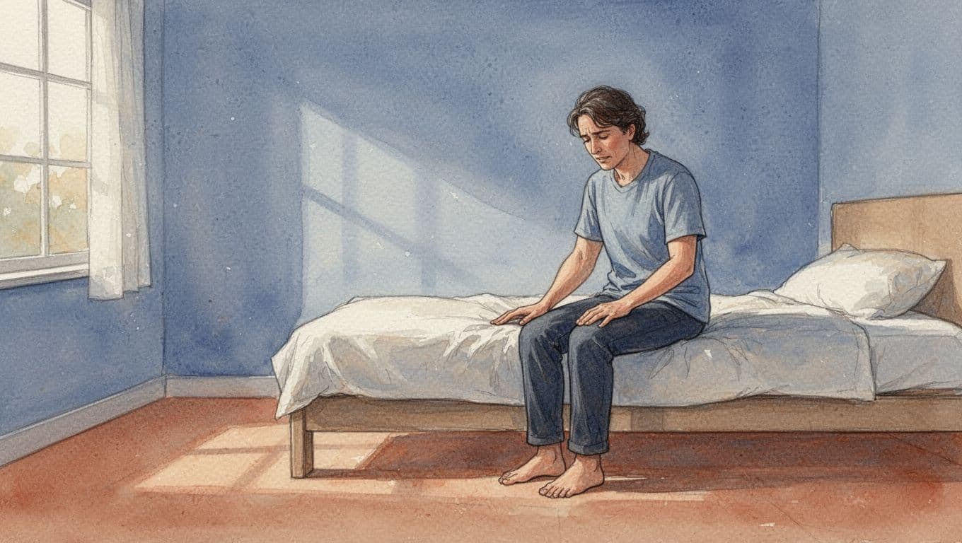 Eine Person sitzt bei Schwindel sicher auf dem Bettrand und stützt eine Hand auf der Matratze ab.