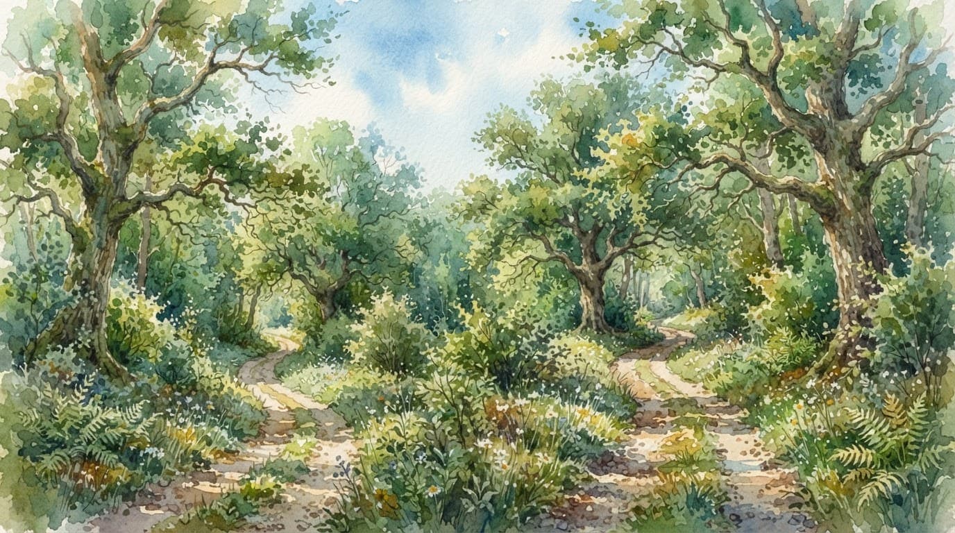 Verschlungene Waldwege zwischen Eichen unter einem hellen Sommerhimmel.