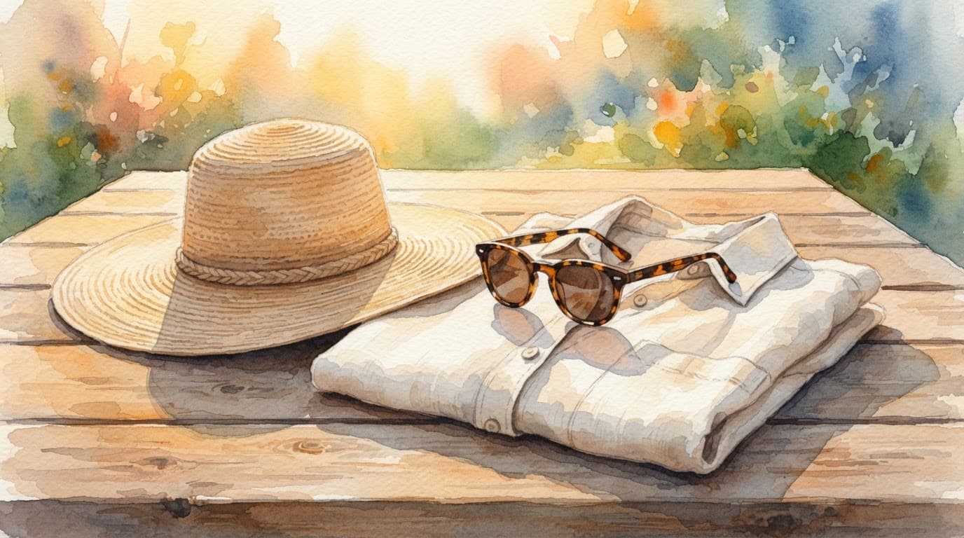 Sonnenhut, Sonnenbrille und helles Leinenhemd liegen auf einem Holztisch im warmen Abendlicht.