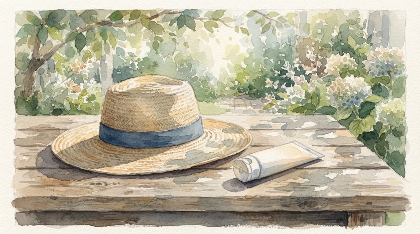 Sonnenhut und Sonnencreme liegen auf einem Holztisch im schattigen Freien.