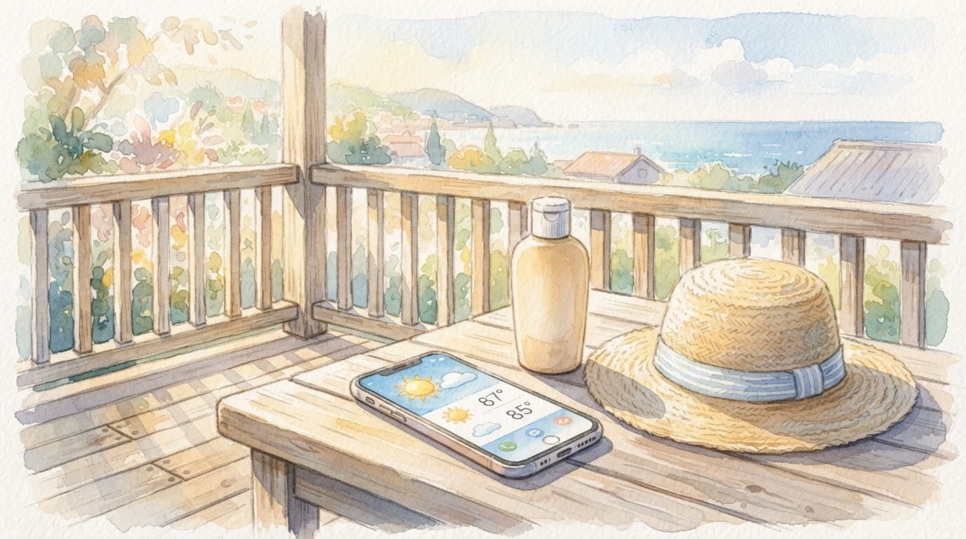 Smartphone, Sonnencreme und Sonnenhut liegen auf einem sonnigen Holzbalkon.