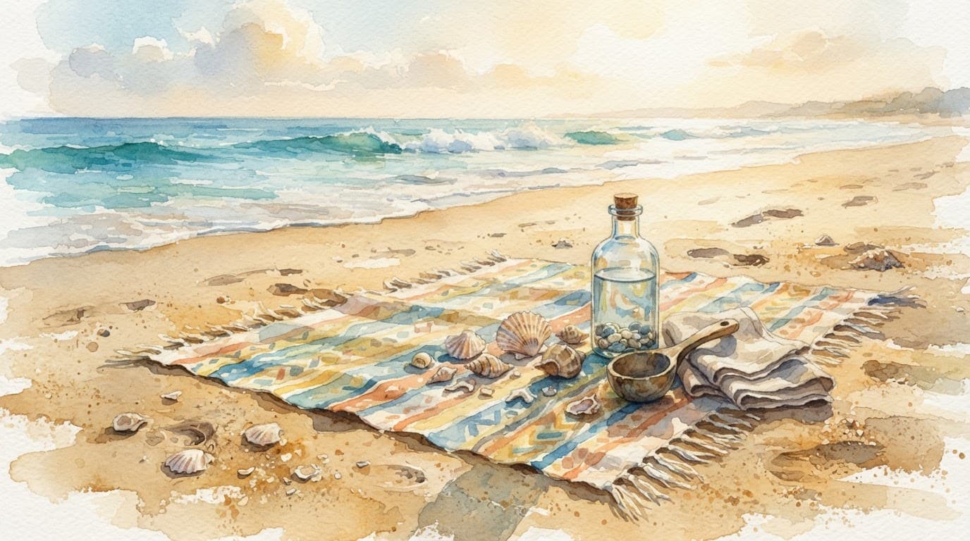 Strandhandtuch, Muscheln und eine Flasche mit Meerwasser liegen im warmen Sonnenlicht.