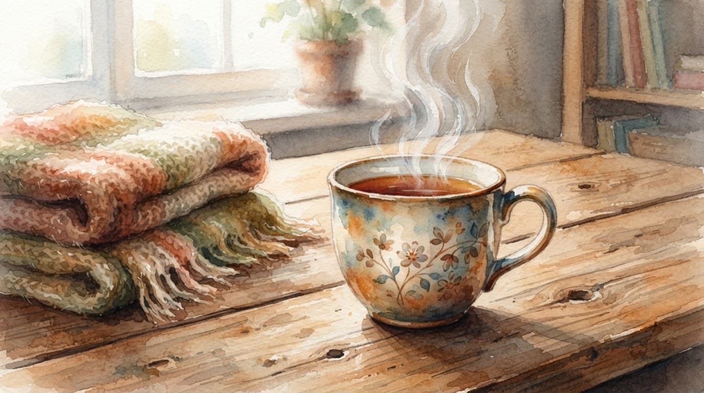 Keramiktasse mit dampfendem Tee neben einer gefalteten Wolldecke.