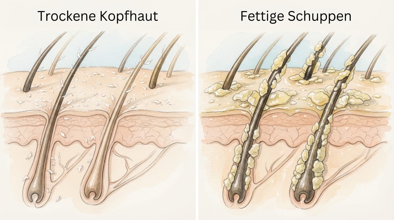 Zwei Kopfhautbereiche zeigen trockene Schüppchen links und fettige gelbliche Schuppen rechts.