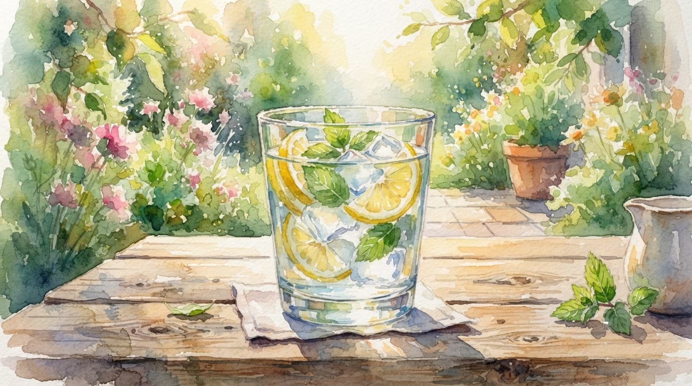 Ein Wasserglas mit Eis, Zitrone und Minze auf einem Holztisch.