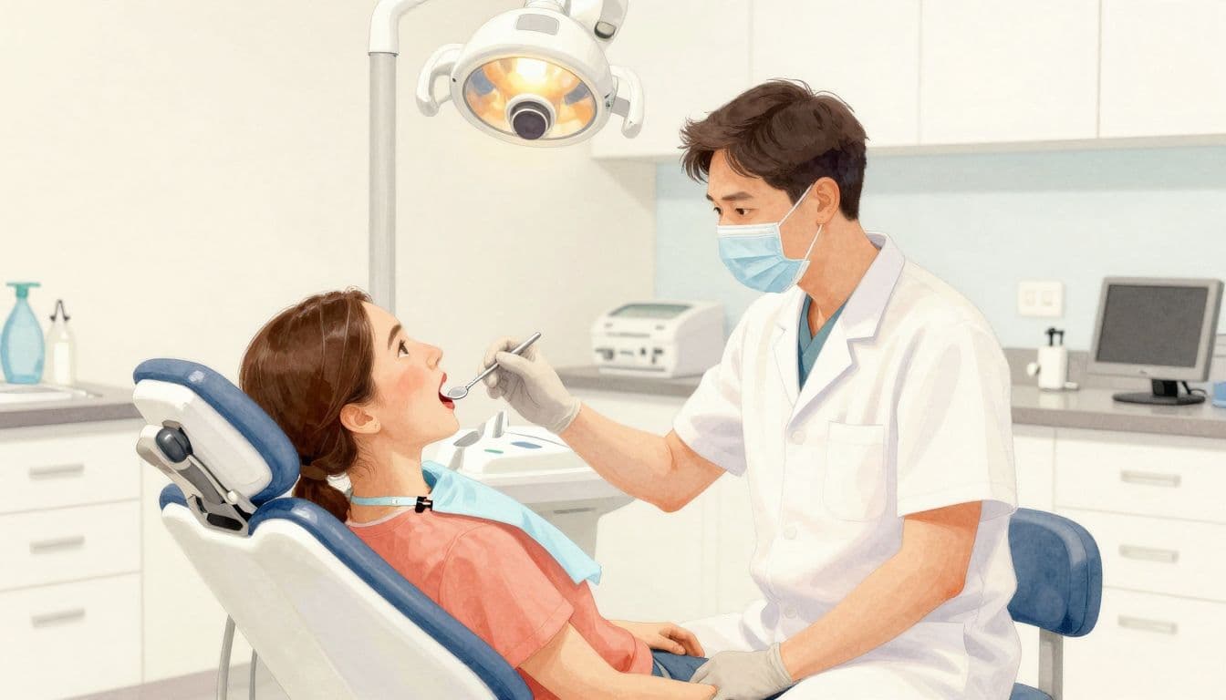 Zahnärztin untersucht den Mund eines sitzenden Patienten mit einem kleinen Spiegel.