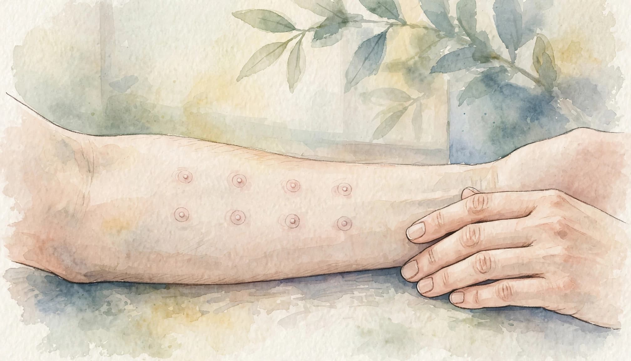 Markierter Unterarm mit ruhiger Hand bei einem Allergietest.