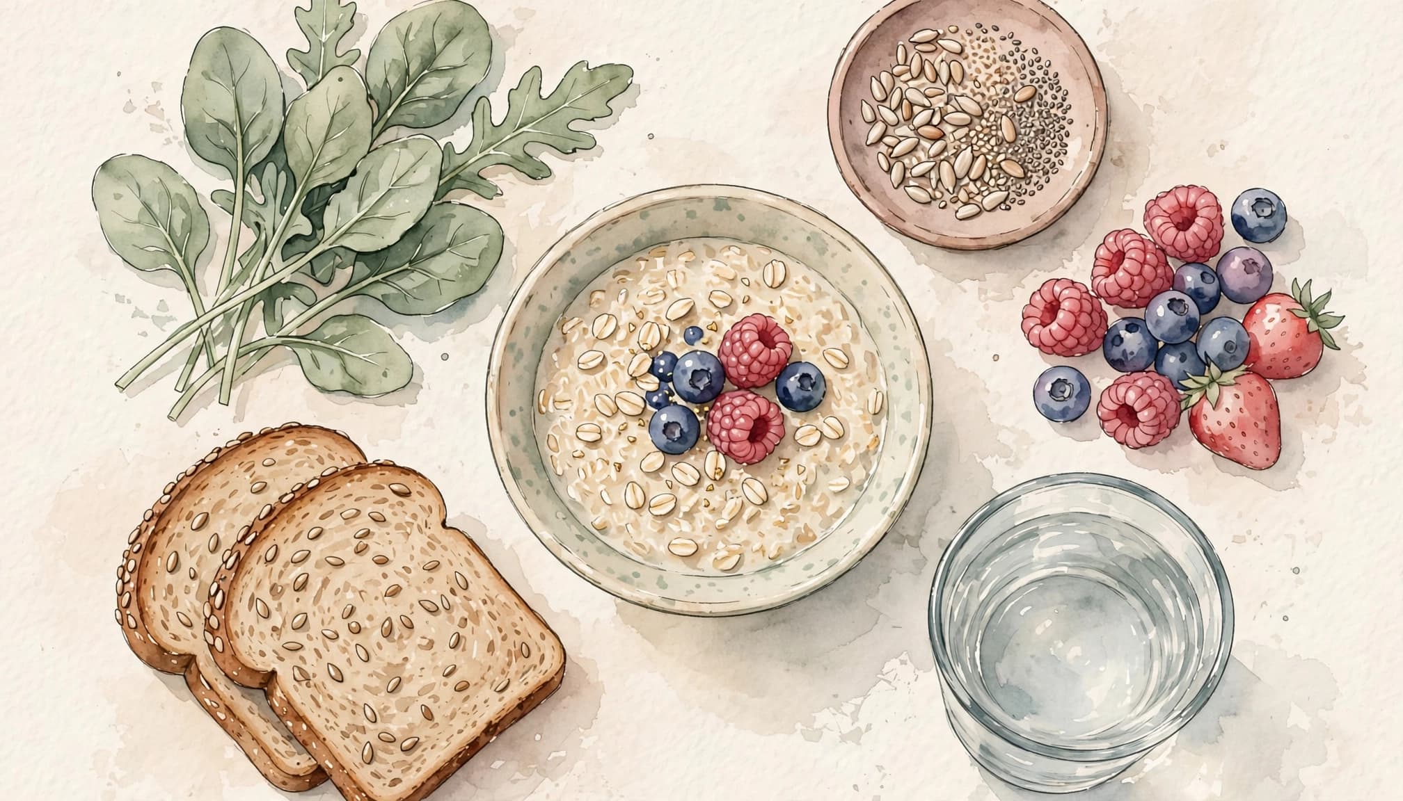 Haferbrei mit Beeren, Vollkornbrot, Blattgrün und Samen stehen neben Wasser auf einem hellen Tisch.