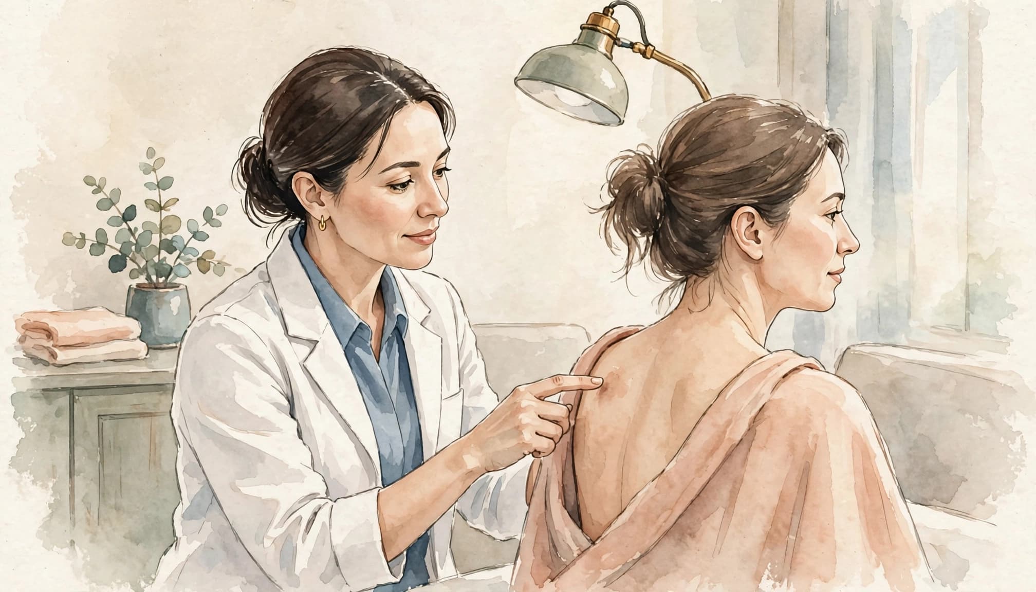 Eine Dermatologin untersucht behutsam den Rücken eines zugedeckten Patienten.