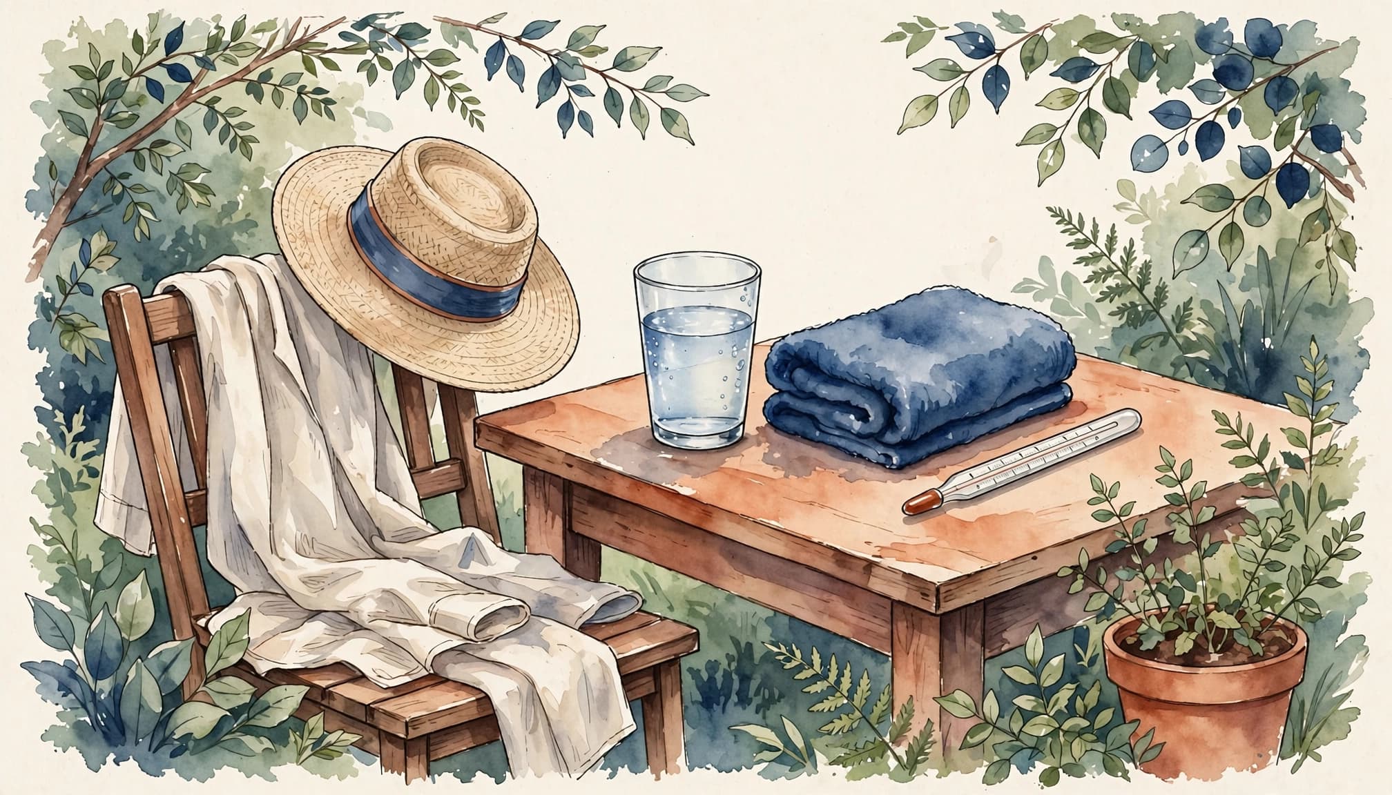Schattiger Garten mit Hut, Wasser, feuchtem Handtuch und Thermometer auf einem Tisch.