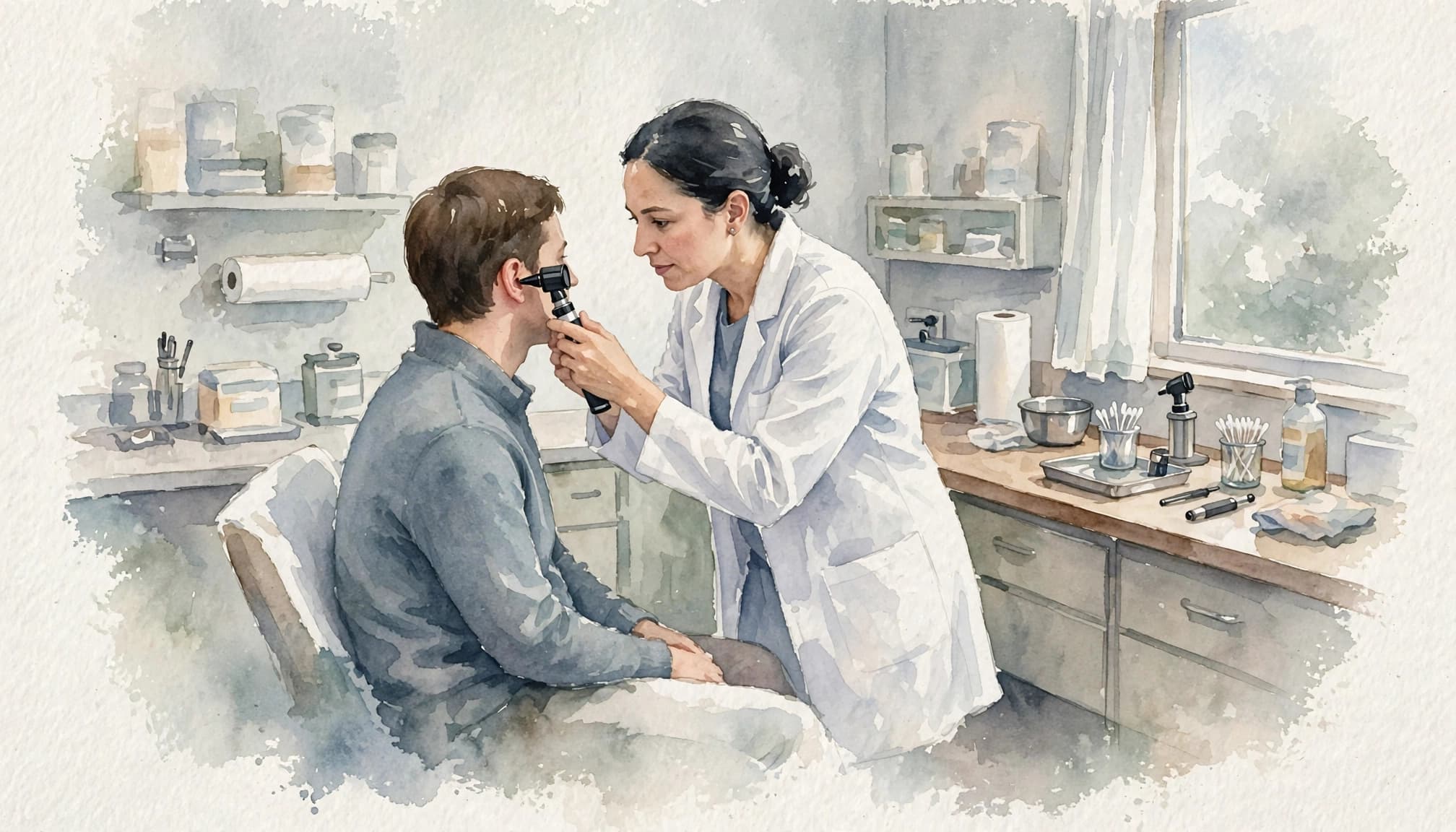 Eine medizinische Fachkraft untersucht mit einem Otoskop das Ohr eines sitzenden Patienten.