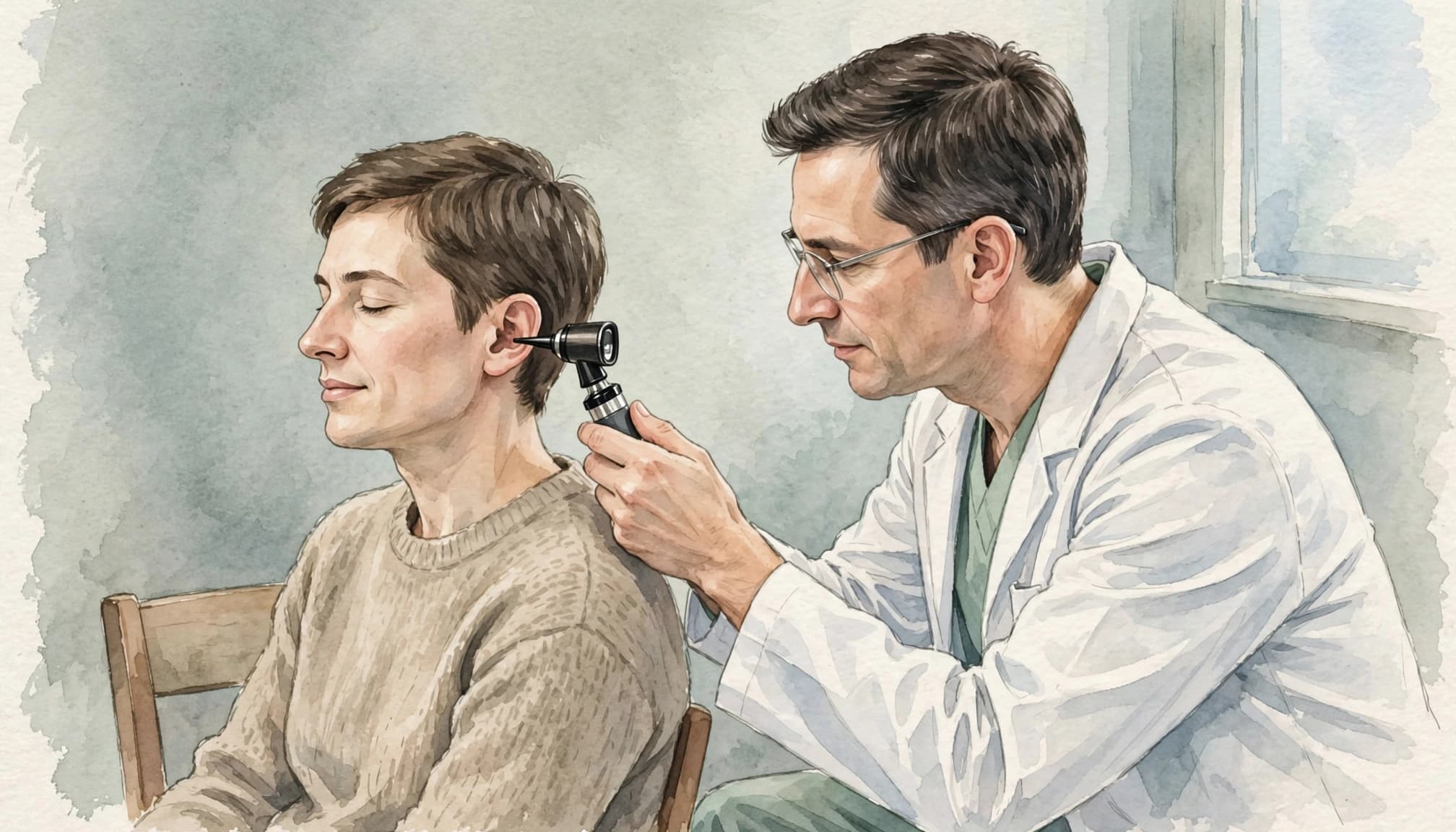Ein Arzt untersucht das Ohr eines Patienten mit einem Otoskop.