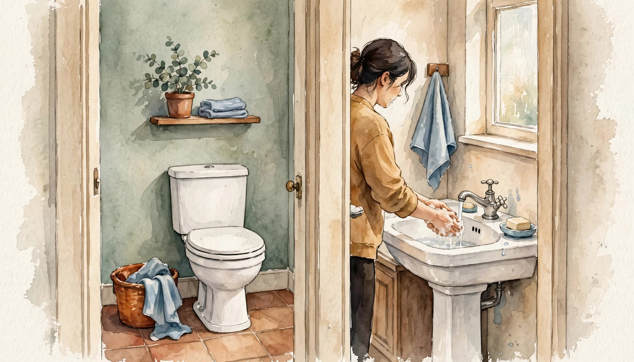 Eine Person wäscht sich im hellen Badezimmer die Hände; Toilette und Reinigungstuch sind sichtbar.