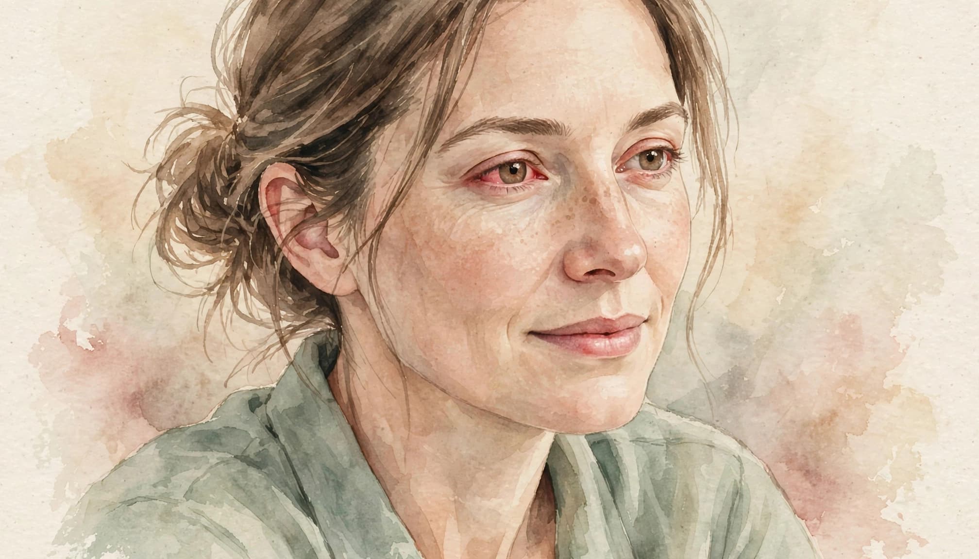 Ein ruhiges Gesicht mit leicht gerötetem Auge im Aquarellstil.