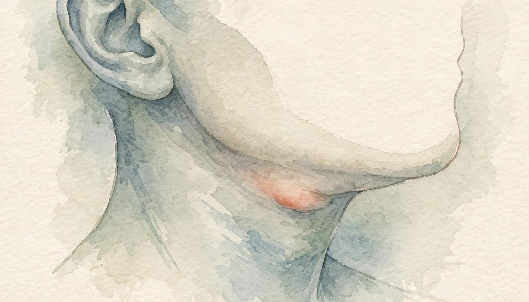 Eine dezente Rundung unter dem Kiefer markiert einen möglichen tastbaren Lymphknoten.