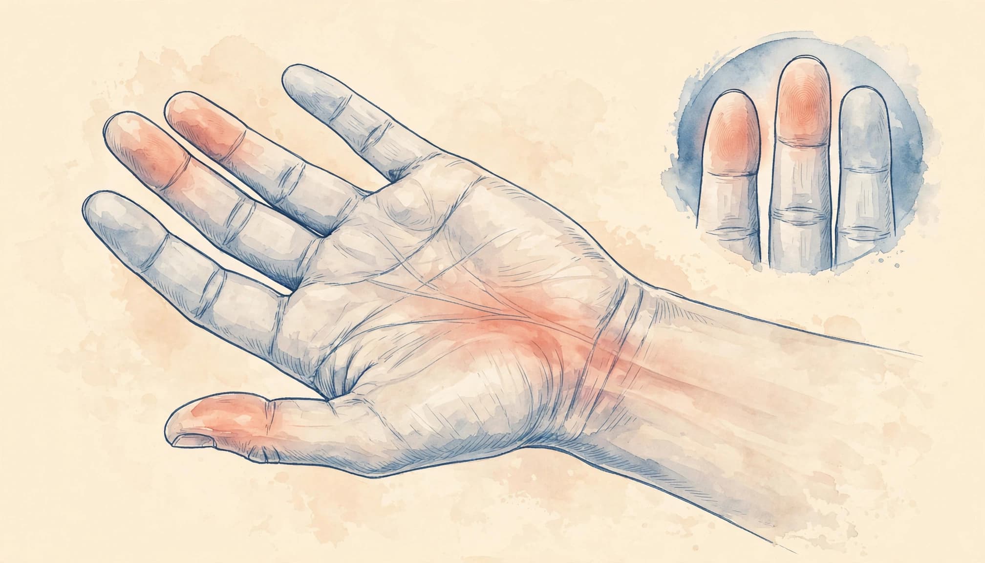 Aquarell einer Hand mit hervorgehobenem Nerv und markierten Fingerspitzen.