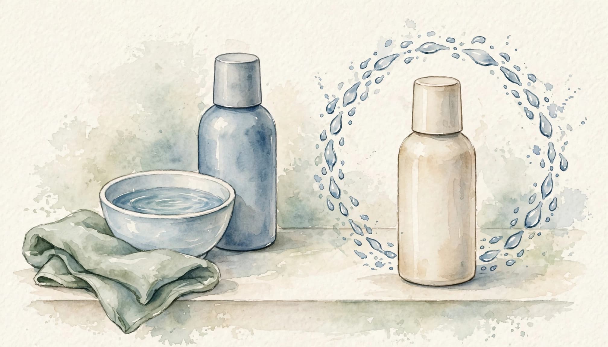 Zwei Nasensprayflaschen stehen neben einer Wasserschale und einem Tuch; Tropfen umgeben die zweite Flasche.